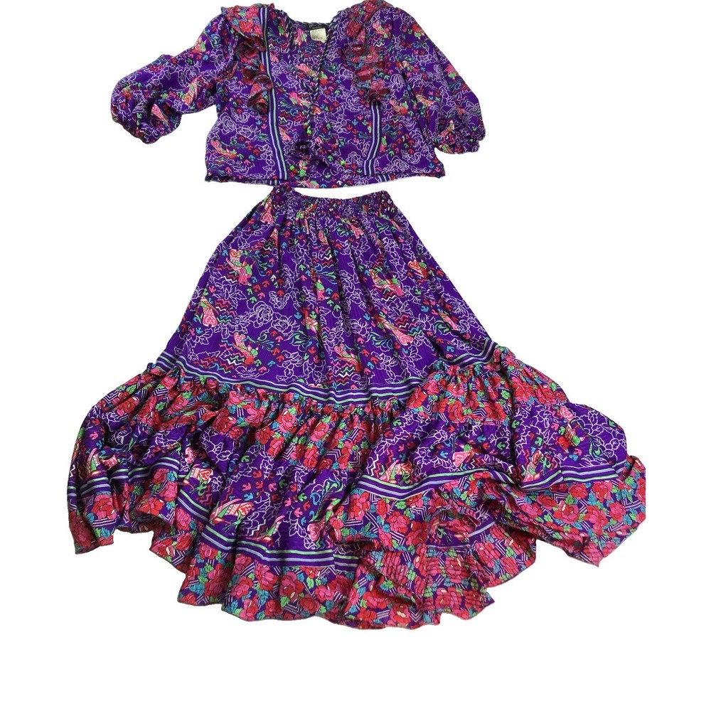 Vintage Diane Freis Original 2 Pc Blouse Maxi Skirt Set Purple Floral Boho M